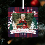 Red Truck Christmas Tree Delivery Red Plaid Photo  Metal Ornament<br><div class="desc">Rustic farm fresh Christmas trees family photo keepsake metal ornament. The ornament can be customized with the family name, the year, monogram, and photo. Red checkerboard plaid background with rustic pine trees and snowflakes and our hand-drawn red watercolor vintage truck caring a Christmas tree. The family name is displayed in...</div>