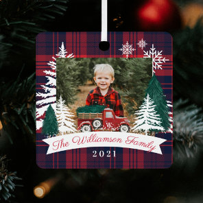 Red Truck Christmas Tree Delivery Red Plaid Photo  Metal Ornament