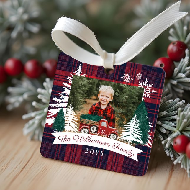 Red Truck Christmas Tree Delivery Red Plaid Photo  Metal Ornament (Red Truck Christmas Tree Delivery Red Plaid Photo Metal Ornament)