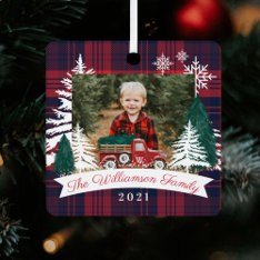 Red Truck Christmas Tree Delivery Red Plaid Photo  Metal Ornament at Zazzle