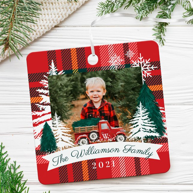 Red Truck Christmas Tree Delivery Red Plaid Photo Metal Ornament (Red Truck Christmas Tree Delivery Red Plaid Photo Metal Ornament)