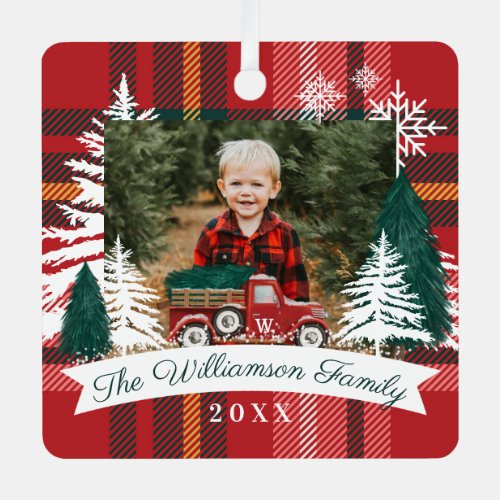 Red Truck Christmas Tree Delivery Red Plaid Photos Metal Ornament