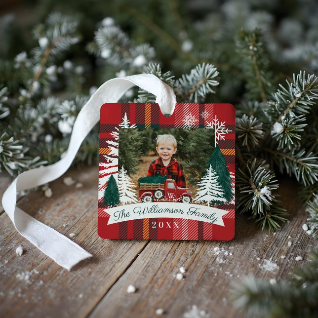 Red Truck Christmas Tree Delivery Red Plaid Photos Metal Ornament (Red Truck Christmas Tree Delivery Red Plaid Photos Metal Ornament)