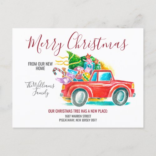 Red Truck Christmas Tree Gifts Watercolor Moving Announcement Postcard