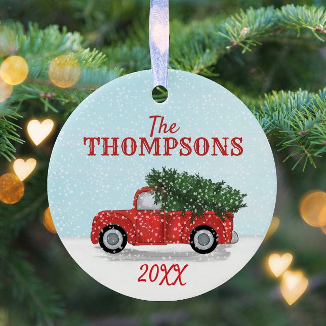 Red Truck Christmas Tree in Sow Photo Personalized Ceramic Ornament (Christmas classic vintage red truck with falling snow simple circle ceramic ornament. )