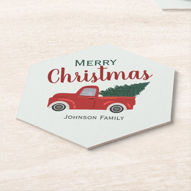 Red truck Christmas tree personalize Paper Coaster (Angled)