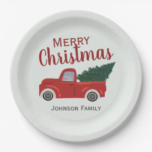 Red truck Christmas tree personalize Paper Plates