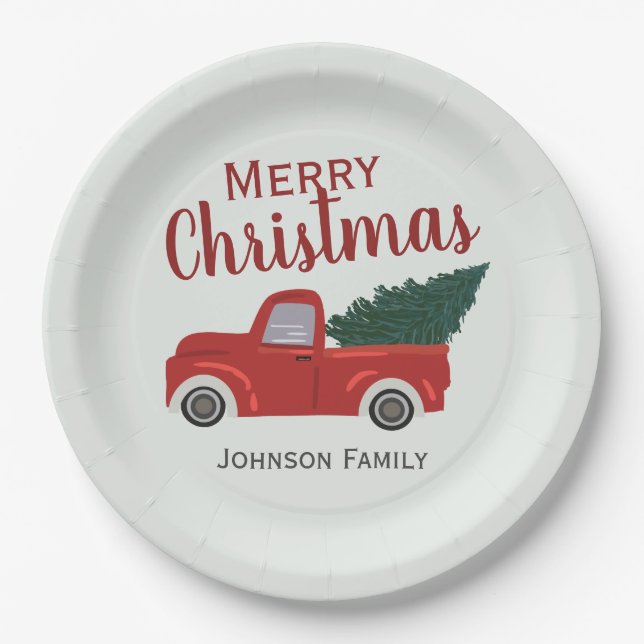 Red truck Christmas tree personalize Paper Plates (Front)