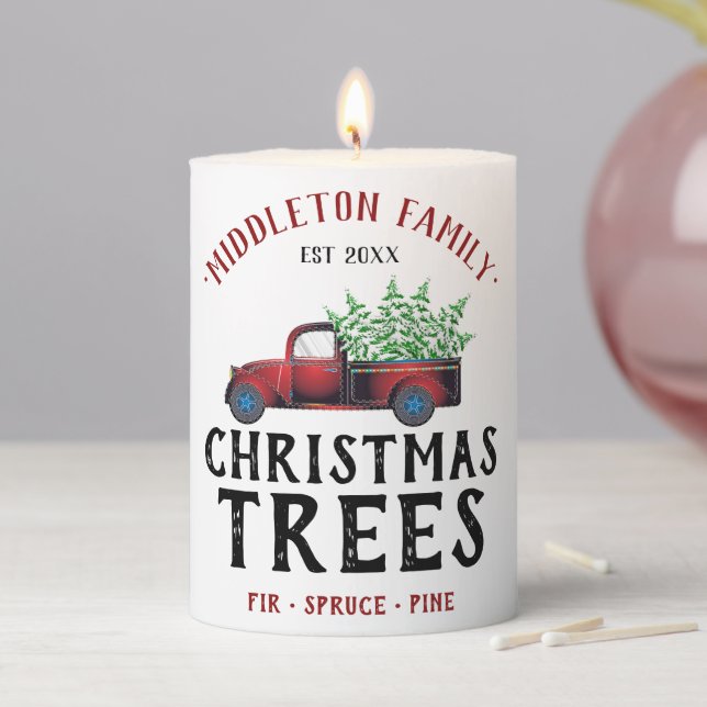 Red Truck Christmas Tree - Personalize Pillar Candle (In Situ)