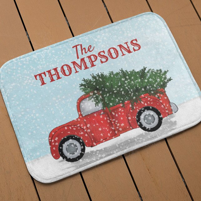 Red Truck Christmas Tree Personalized Cute Bath Mat (Christmas classic holiday red truck custom bath mat)