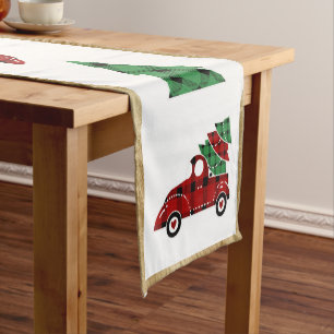 Red Truck Christmas Tree Plaid Gold Holiday Short Table Runner