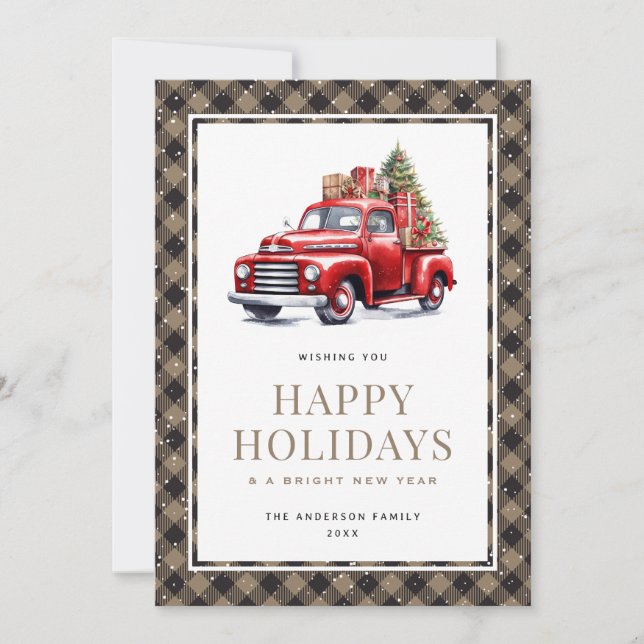 Red Truck Christmas Tree Plaid Happy Holidays Card (Front)