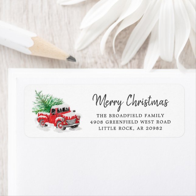 Red Truck Christmas Tree Script Return Address Label (Insitu)