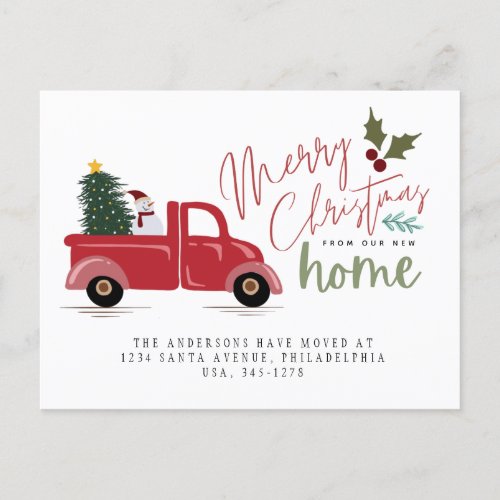 Red Truck Christmas Tree Snow Man Holiday Moving Announcement Postcard