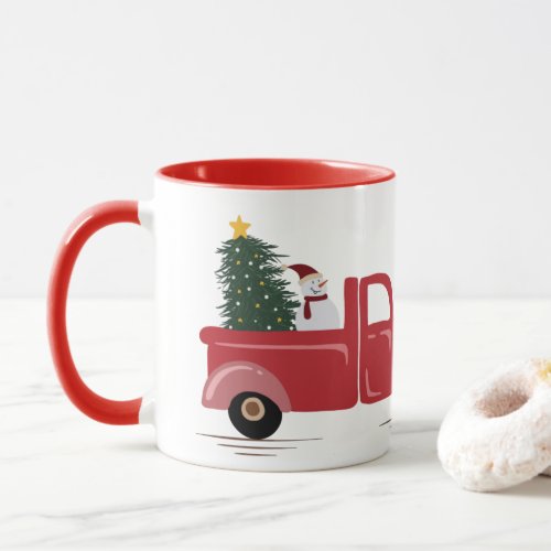 Red Truck Christmas Tree with Snow Man Your Name Mug