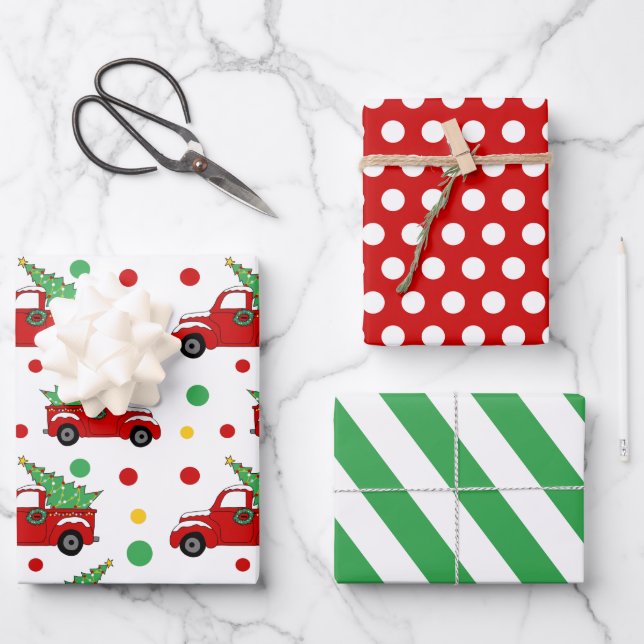 Red Truck Christmas Tree Wrapping Paper Set (Front)