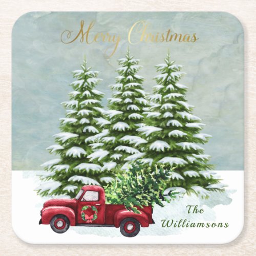 Red Truck Christmas Trees Rustic  Square Paper Coaster