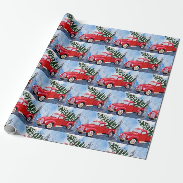 Red Truck Christmas Wrapping Paper (Unrolled)