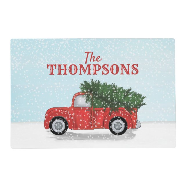 Red Truck Cute Christmas Tree Snow Personalized Placemat (Front)