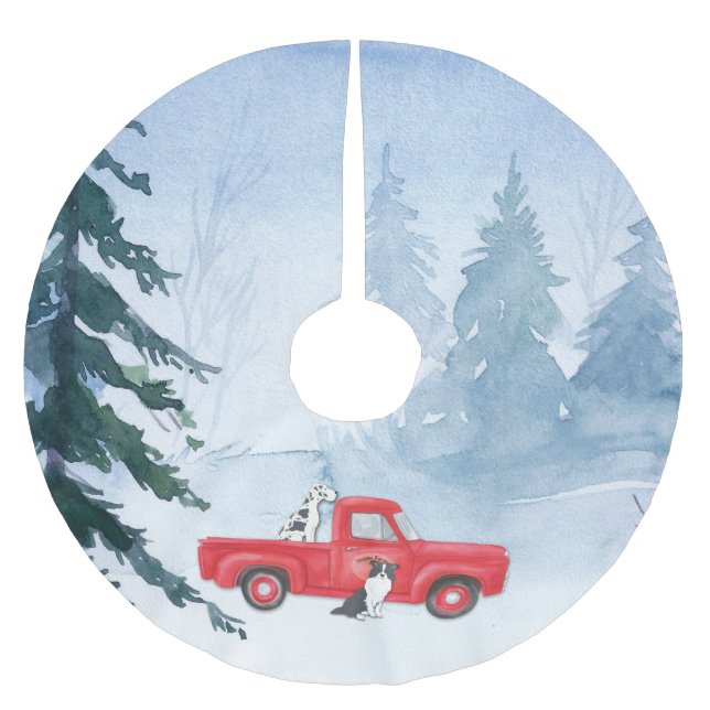 Red Truck Dog Winter Snow Christmas Brushed Polyester Tree Skirt (Front)