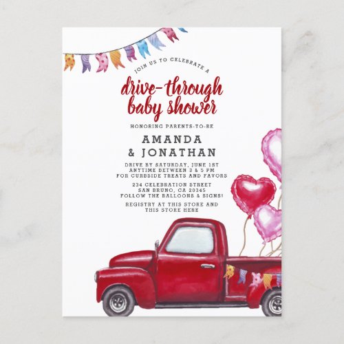 Red Truck Drive Through Baby Shower Invitation Postcard