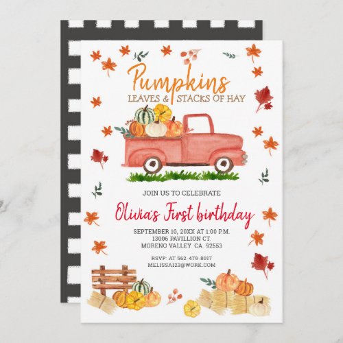 Red Truck Fall Birthday Party Hay Leaves Pumpkin Invitation