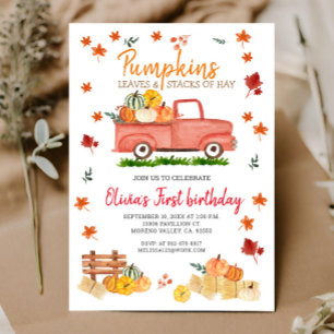 Red Truck Fall Birthday Party Hay, Leaves, Pumpkin Invitation