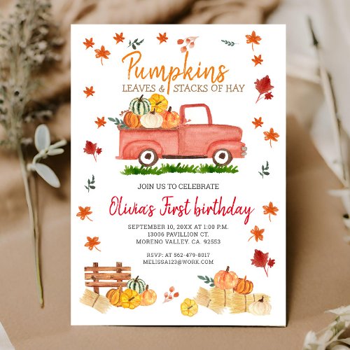 Red Truck Fall Birthday Party Hay Leaves Pumpkin Invitation