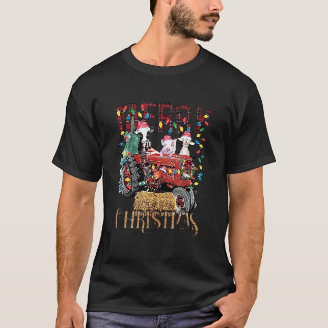 Red Truck Farm Tractor Farm Animals Cow Pig Merry  T-Shirt (Front)