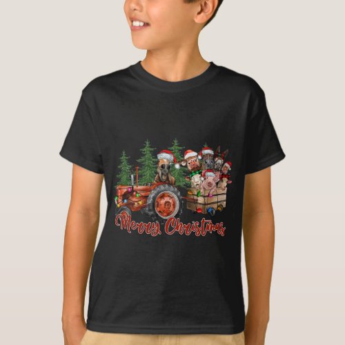Red Truck Farm Tractor Farm Animals Cow Pig Merry  T_Shirt