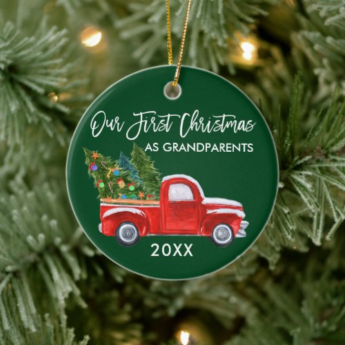 Red Truck First Christmas as Grandparents Green Ceramic Ornament