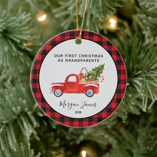 Red Truck First Christmas as Grandparents Photo Ceramic Ornament