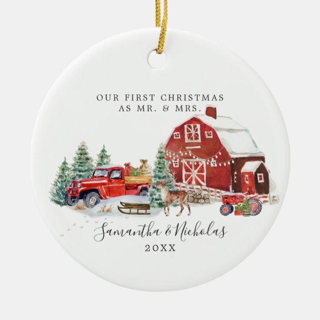Red Truck | First Christmas as Mr. & Mrs. Ceramic Ornament (Front)