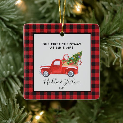 Red Truck First Christmas as Mr Mrs Photo Plaid   Ceramic Ornament