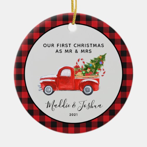 Red Truck First Christmas as Mr Mrs Photo Plaid  Ceramic Ornament