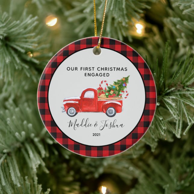 Red Truck First Christmas Engaged  Buffalo Plaid   Ceramic Ornament (Tree)