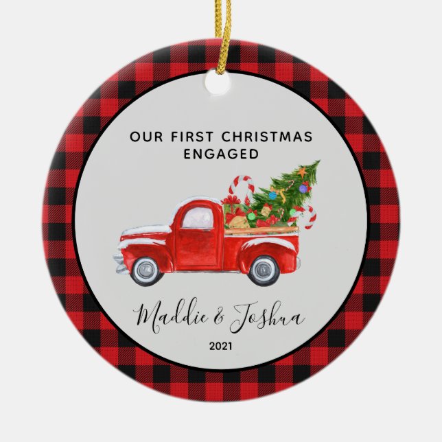 Red Truck First Christmas Engaged  Photo Plaid  Ceramic Ornament (Front)