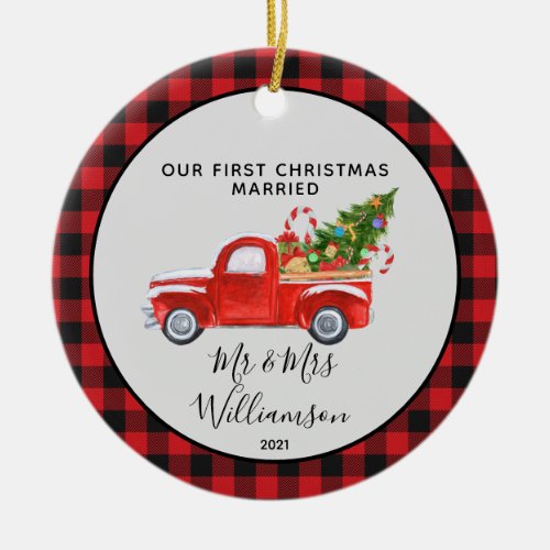 Red Truck First Christmas Married Buffalo Plaid  Ceramic Ornament