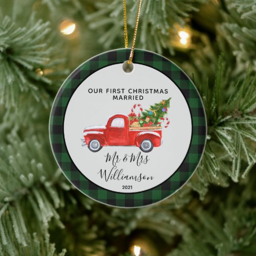 Red Truck First Christmas Married Buffalo Plaid  O Ceramic Ornament