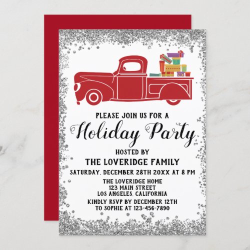 Red Truck Gifts Christmas Holiday Party Silver Invitation