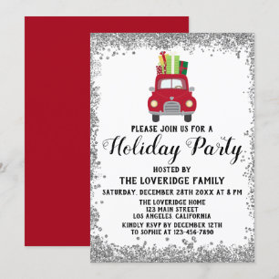Red Truck Gifts Christmas Holiday Party Silver Invitation