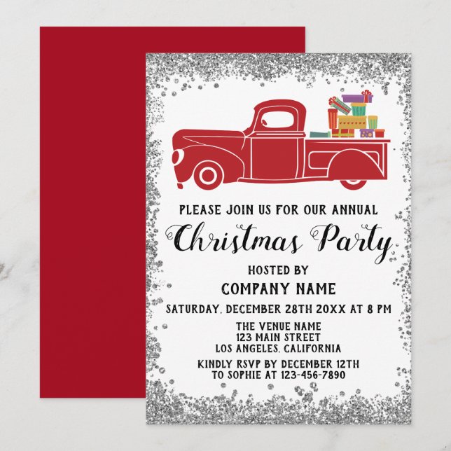 Red Truck Gifts Company Christmas Party Silver Invitation (Front/Back)