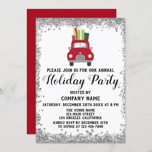 Red Truck Gifts Xmas Company Holiday Party Silver Invitation