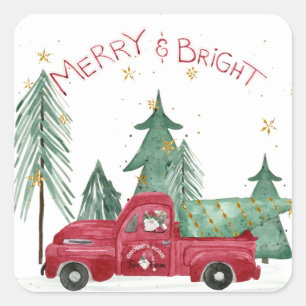 Red Truck Gnome Home Tree Farm Christmas Address Square Sticker