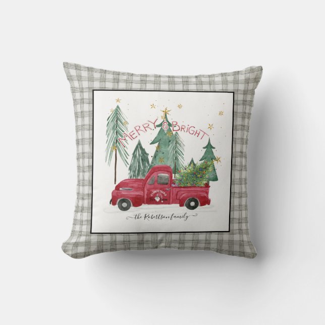 Red Truck Gray Gingham Buffalo Check Farmhouse Throw Pillow (Front)