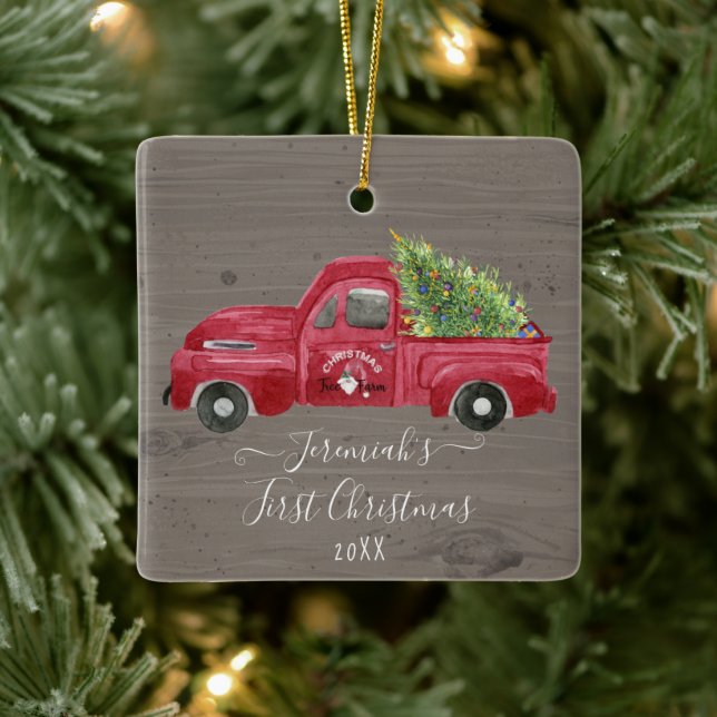 Red Truck Gray Wood Baby1st Christmas Tree Photo Ceramic Ornament (Tree)