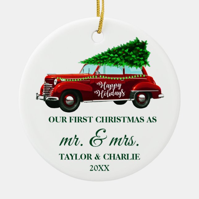 Red Truck Green Brush Script First Christmas Ceramic Ornament (Front)