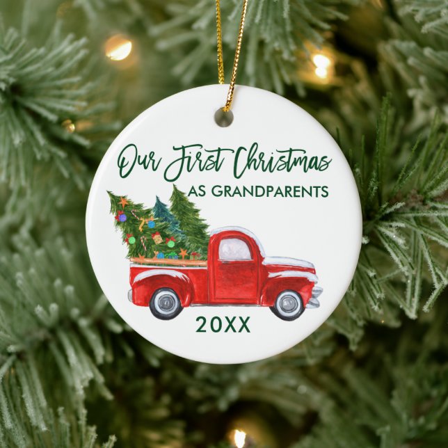 Red Truck Green First Christmas as Grandparents Ceramic Ornament (Tree)