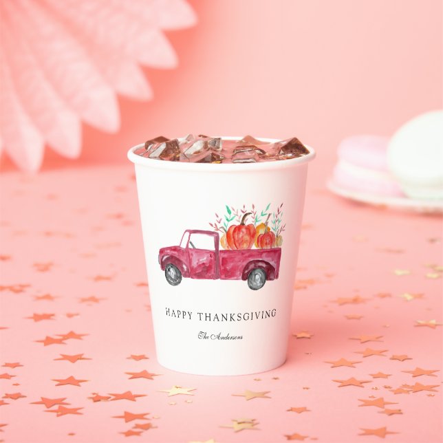Red Truck Happy Thanksgiving Fall Pumpkin Harvest Paper Cups (Insitu)