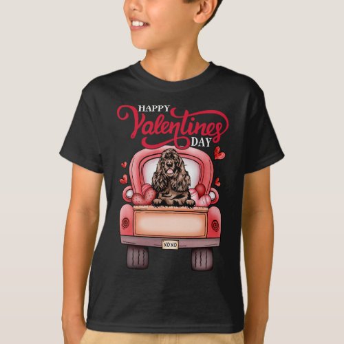 Red Truck Happy Valentines Day Cocker Spaniel Dog  T_Shirt